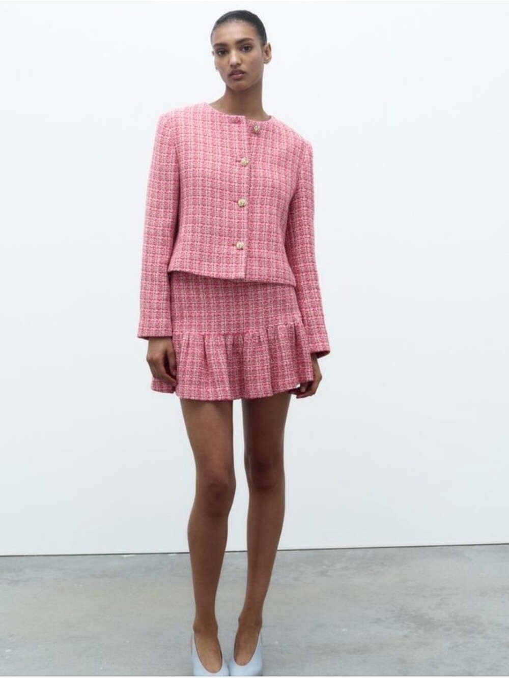 Zara Pink Tweed Boxy Blazer